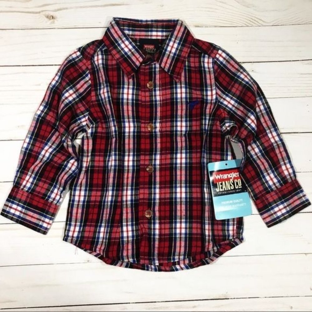 WRANGLER JEANS Boys Cotton Plaid Button Down Shirt Size 18 Months